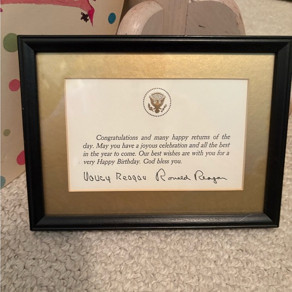 Gold and Black Framed Presidential birthday Message Ronald and Navy Reagan